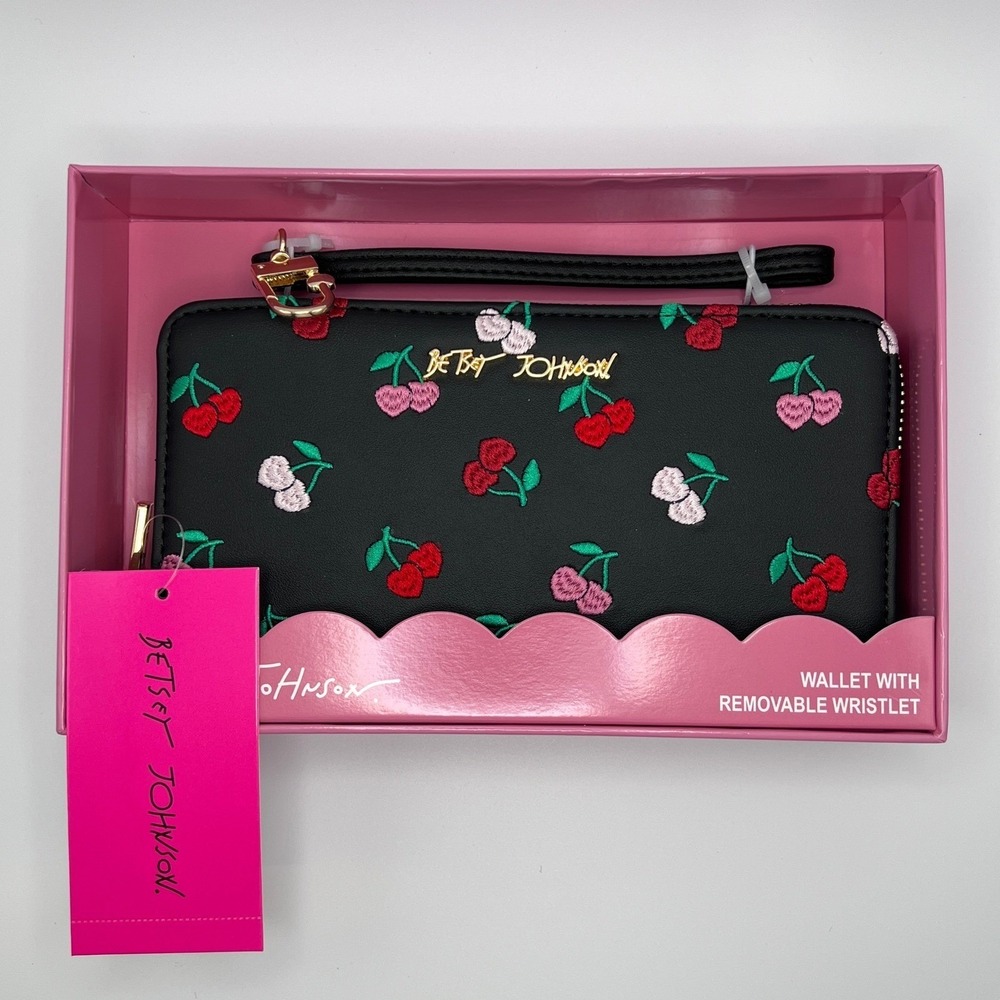 Betsey Johnson Cherry Toss Wallet Wristlet Black Embroidered Zip Around NWT - Picture 4 of 5